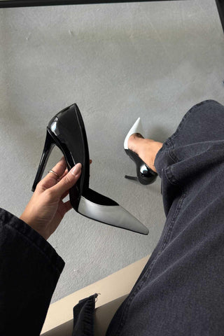 Mika İnce Topuk 12 Cm Beyaz Siyah Stiletto