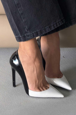 Mika İnce Topuk 12 Cm Beyaz Siyah Stiletto