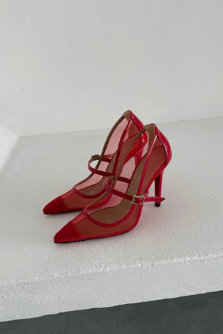 Mona Taşlı Toka Detaylı İnce Topuk 10 Cm Kırmızı Tül Stiletto