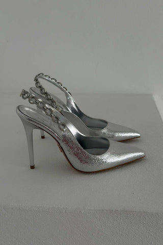 Jazzy Taş Detaylı İnce Topuk 10 Cm Gümüş Kırışık Stiletto