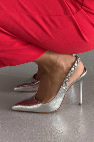 Jazzy Taş Detaylı İnce Topuk 10 Cm Gümüş Kırışık Stiletto