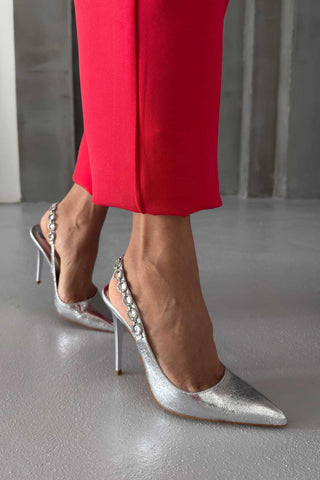 Jazzy Taş Detaylı İnce Topuk 10 Cm Gümüş Kırışık Stiletto