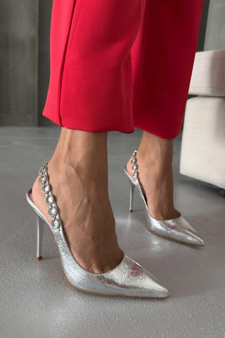 Jazzy Taş Detaylı İnce Topuk 10 Cm Gümüş Kırışık Stiletto
