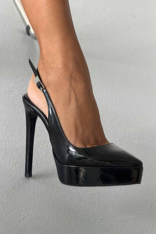 Dovie Taşlı Toka Detaylı İnce Topuk 13 Cm Siyah Rugan Platform