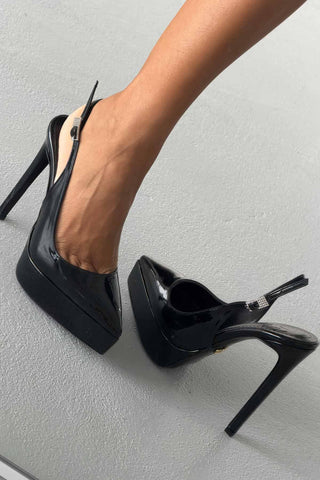 Dovie Taşlı Toka Detaylı İnce Topuk 13 Cm Siyah Rugan Platform