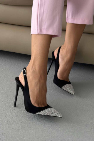 Jewel Taş Detaylı İnce Topuk 12 Cm Siyah Süet Stiletto