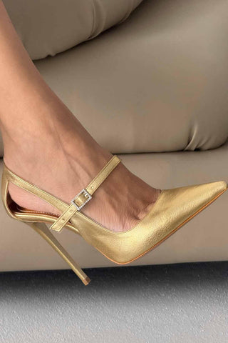 Leida Taşlı Toka Detaylı İnce Topuk 12 Cm Gold Kırışık Stiletto
