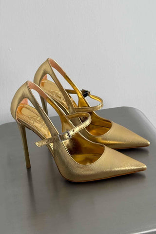 Leida Taşlı Toka Detaylı İnce Topuk 12 Cm Gold Kırışık Stiletto