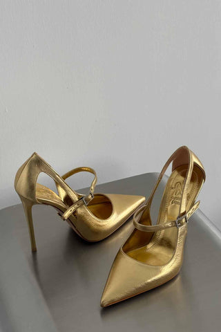 Leida Taşlı Toka Detaylı İnce Topuk 12 Cm Gold Kırışık Stiletto