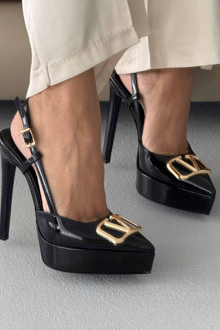 Lena V Detaylı İnce Topuk 13 Cm Siyah Rugan Platform
