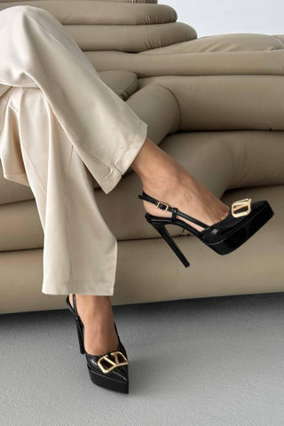 Lena V Detaylı İnce Topuk 13 Cm Siyah Rugan Platform