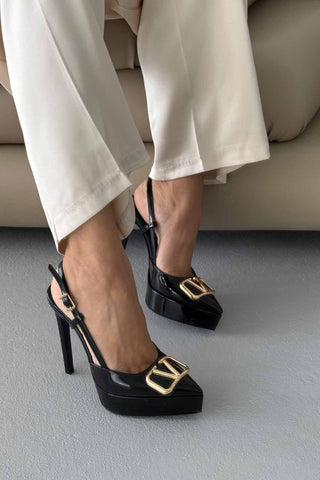 Lena V Detaylı İnce Topuk 13 Cm Siyah Rugan Platform