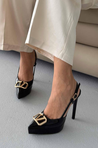 Lena V Detaylı İnce Topuk 13 Cm Siyah Rugan Platform