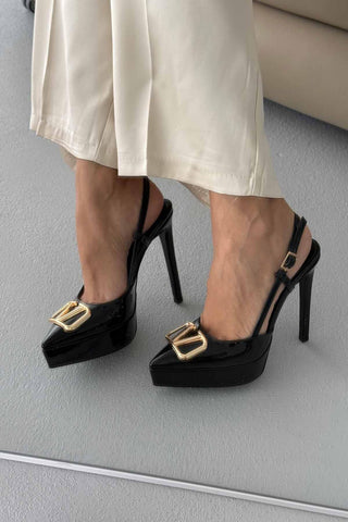 Lena V Detaylı İnce Topuk 13 Cm Siyah Rugan Platform