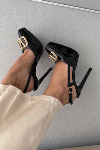 Lena V Detaylı İnce Topuk 13 Cm Siyah Rugan Platform