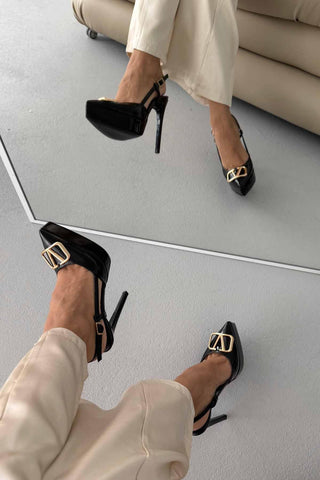 Lena V Detaylı İnce Topuk 13 Cm Siyah Rugan Platform