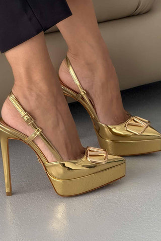 Lena V Detaylı İnce Topuk 13 Cm Gold Platform