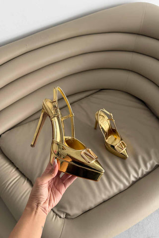 Lena V Detaylı İnce Topuk 13 Cm Gold Platform
