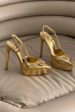 Lena V Detaylı İnce Topuk 13 Cm Gold Platform