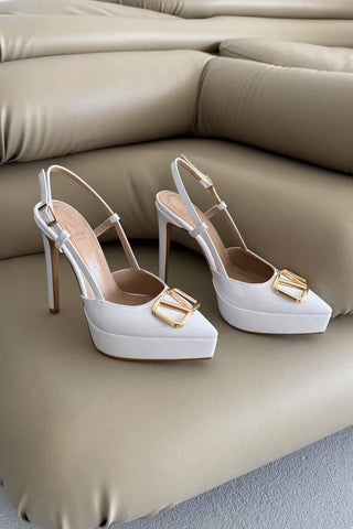 Lena V Detaylı İnce Topuk 13 Cm Beyaz Rugan Platform