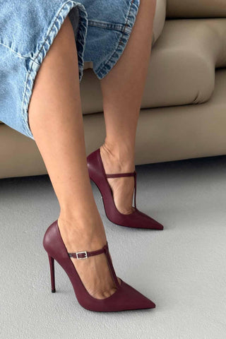 Wren Taşlı Toka Detaylı İnce Topuk 12 Cm Bordo Mat Stiletto