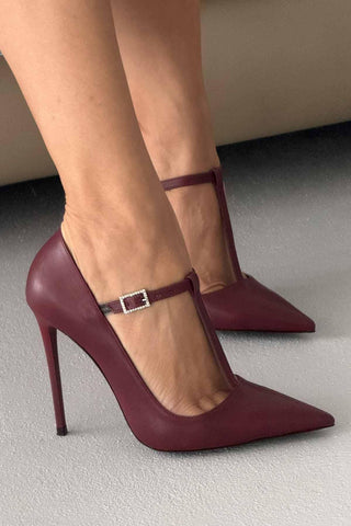 Wren Taşlı Toka Detaylı İnce Topuk 12 Cm Bordo Mat Stiletto