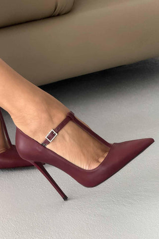 Wren Taşlı Toka Detaylı İnce Topuk 12 Cm Bordo Mat Stiletto