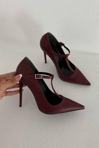 Wren Taşlı Toka Detaylı İnce Topuk 12 Cm Bordo Mat Stiletto