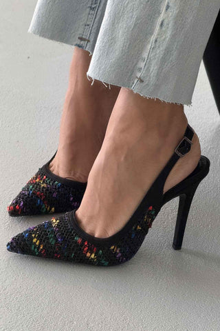 Echo İnce Topuk 10 Cm Siyah Renkli Hasır Stiletto
