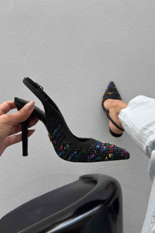 Echo İnce Topuk 10 Cm Siyah Renkli Hasır Stiletto