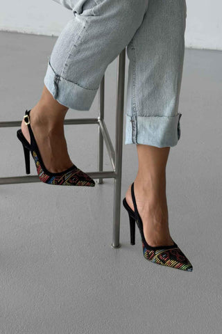 Echo İnce Topuk 10 Cm Siyah Renkli Desenli Stiletto