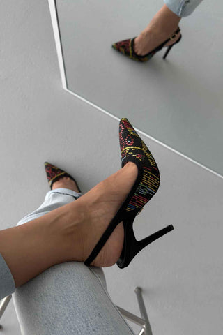 Echo İnce Topuk 10 Cm Siyah Renkli Desenli Stiletto