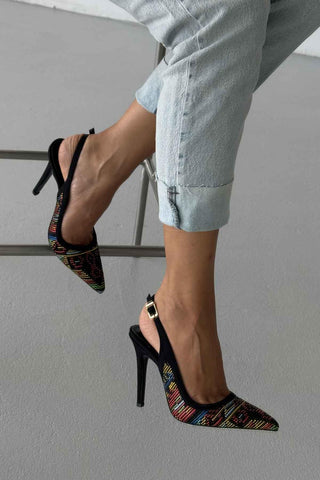 Echo İnce Topuk 10 Cm Siyah Renkli Desenli Stiletto