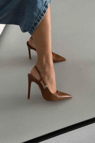 Waft Toka Detaylı İnce Topuk 12 Cm Taba Mat Stiletto