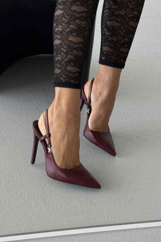 Waft Toka Detaylı İnce Topuk 12 Cm Bordo Mat Stiletto