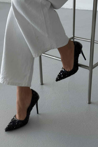 Nico İnce Topuk 10 Cm Siyah Payetli Stiletto