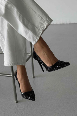 Nico İnce Topuk 10 Cm Siyah Payetli Stiletto