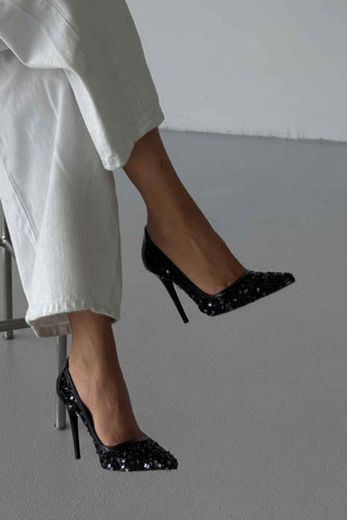 Nico İnce Topuk 10 Cm Siyah Payetli Stiletto