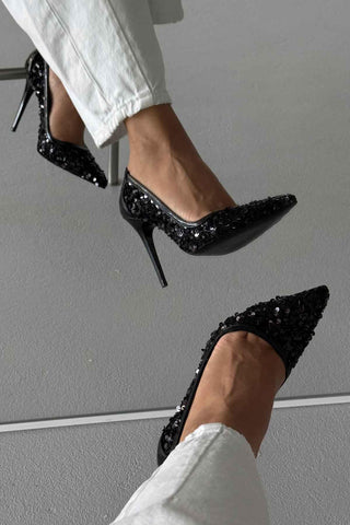 Nico İnce Topuk 10 Cm Siyah Payetli Stiletto