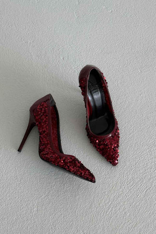 Nico İnce Topuk 10 Cm Bordo Payetli Stiletto
