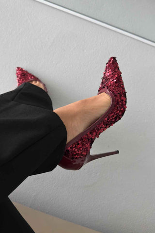 Nico İnce Topuk 10 Cm Bordo Payetli Stiletto