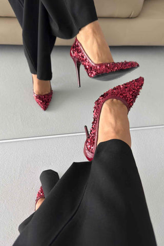 Nico İnce Topuk 10 Cm Bordo Payetli Stiletto