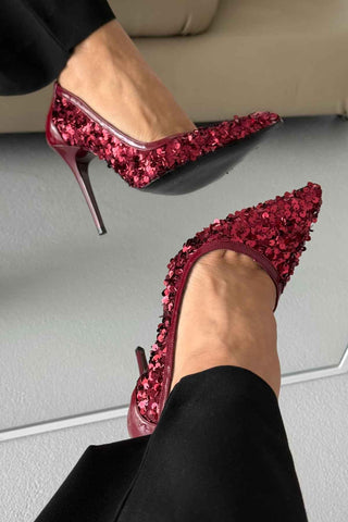Nico İnce Topuk 10 Cm Bordo Payetli Stiletto