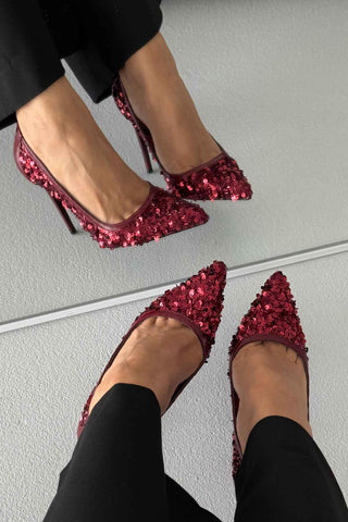 Nico İnce Topuk 10 Cm Bordo Payetli Stiletto