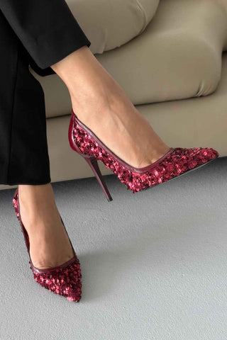 Nico İnce Topuk 10 Cm Bordo Payetli Stiletto