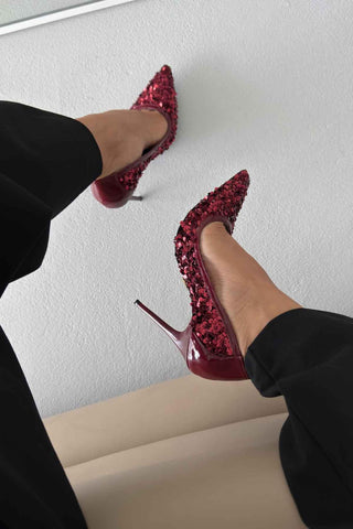 Nico İnce Topuk 10 Cm Bordo Payetli Stiletto