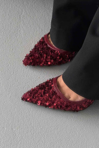 Nico İnce Topuk 10 Cm Bordo Payetli Stiletto