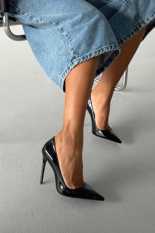 Opra İnce Topuk 12 Cm Siyah Rugan Stiletto