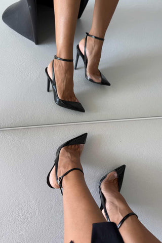 Prem Şeffaf Detaylı Taşlı Tokalı İnce Topuk 12 Cm Siyah Rugan Ve Şeffaf Stiletto