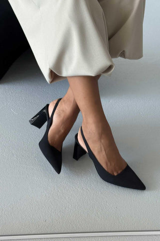 Jude Kalın Topuk 8 Cm Siyah Mat Saten Stiletto